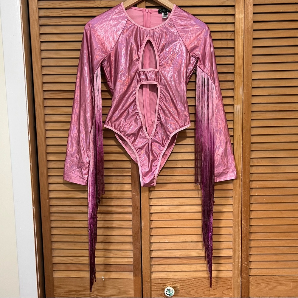 Dollskill Club EXX pink holographic cut out fringe bodysuit